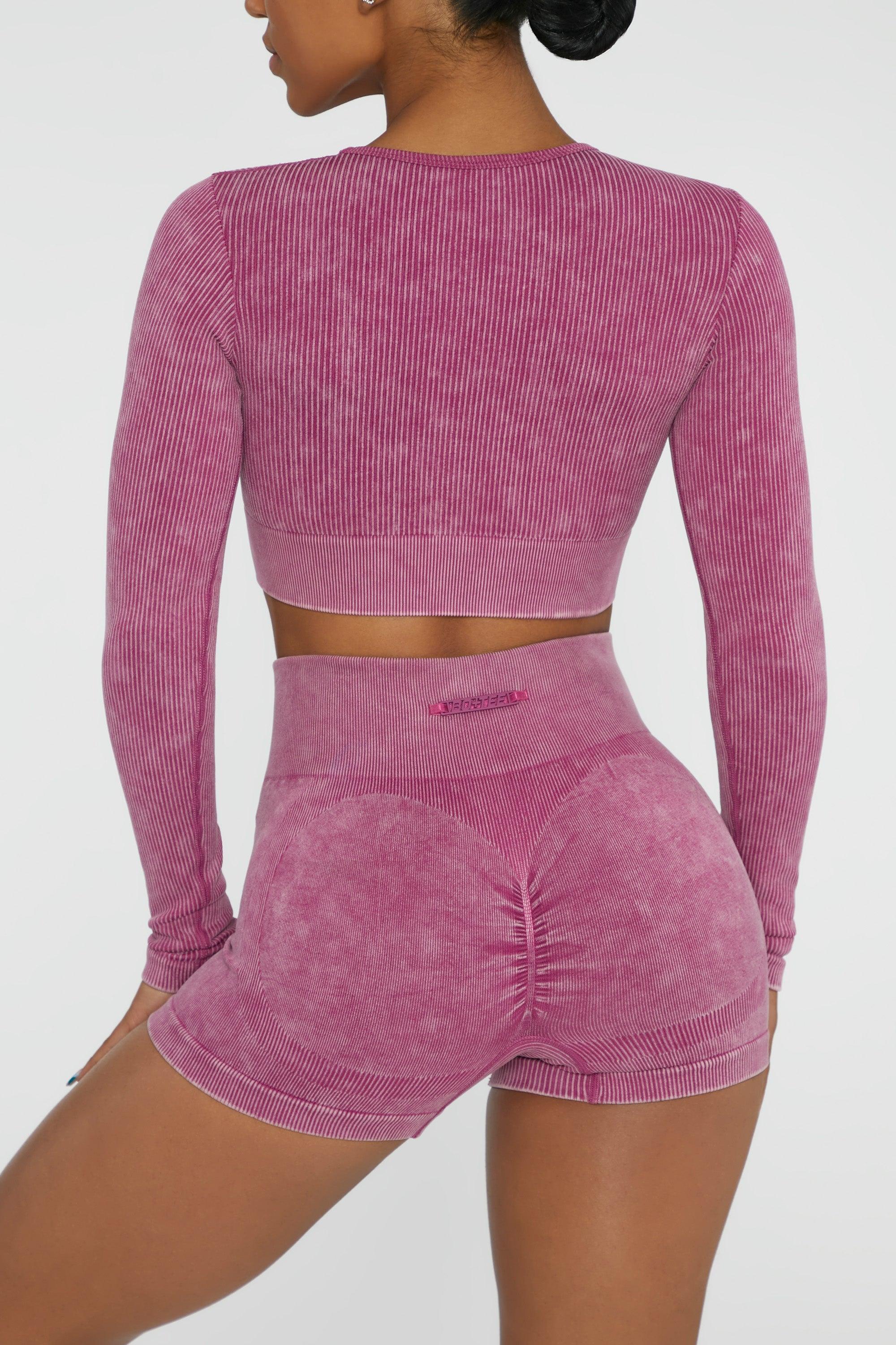 Long Sleeve High Neck Zip Crop Top in Dark Pink Product Image