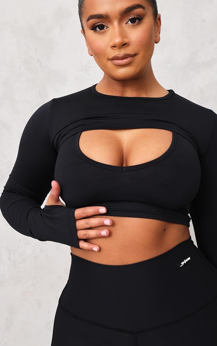  Shape Black Brushed Cotton Branded Active Overlay Crop Top Product Image