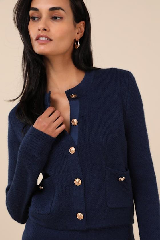 Most Adorable Vibes Navy Blue Button-Front Cardigan Sweater Top Product Image