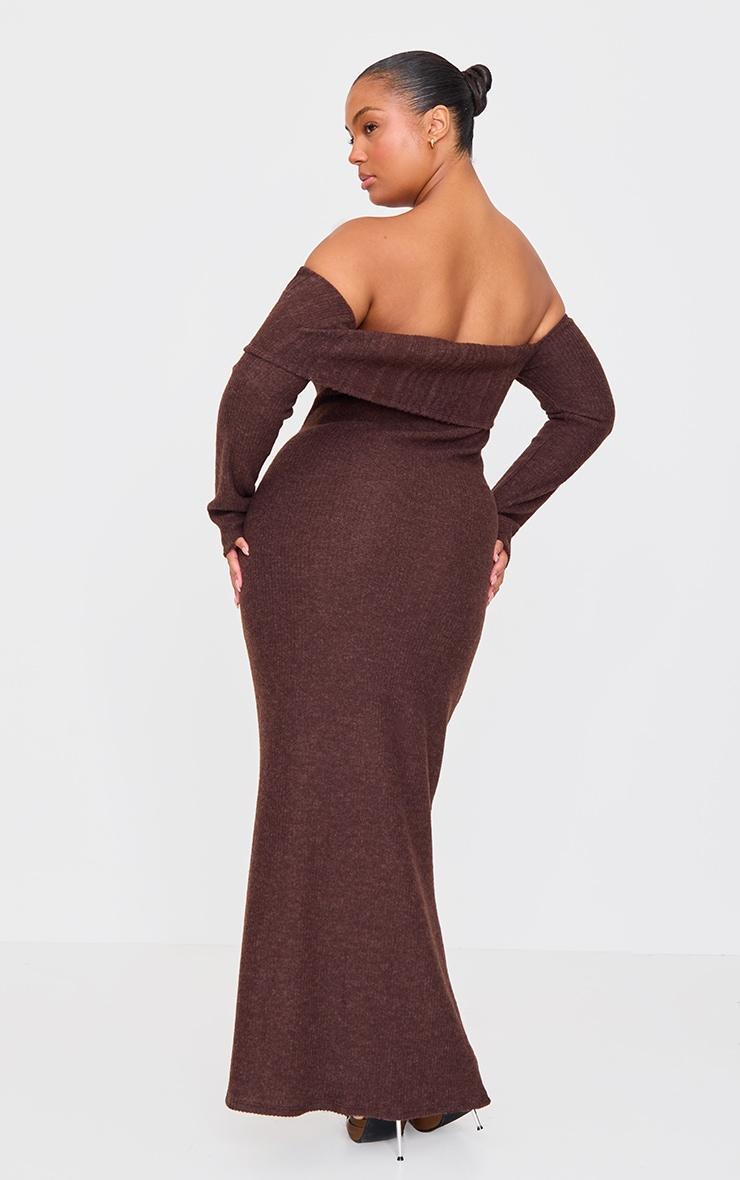 Plus Chocolate Brushed Rib Bardot Maxi Dress Product Image