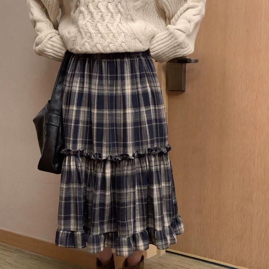 High Waist Plaid Ruffled-Trim Midi A-Line Skirt Product Image