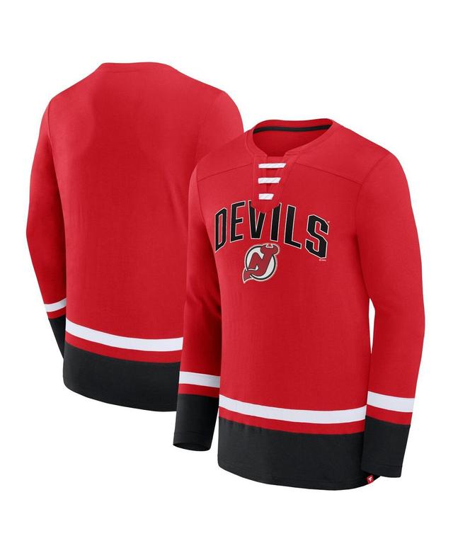 Mens Fanatics Red New Jersey Devils Back Pass Lace-Up Long Sleeve T-shirt Product Image