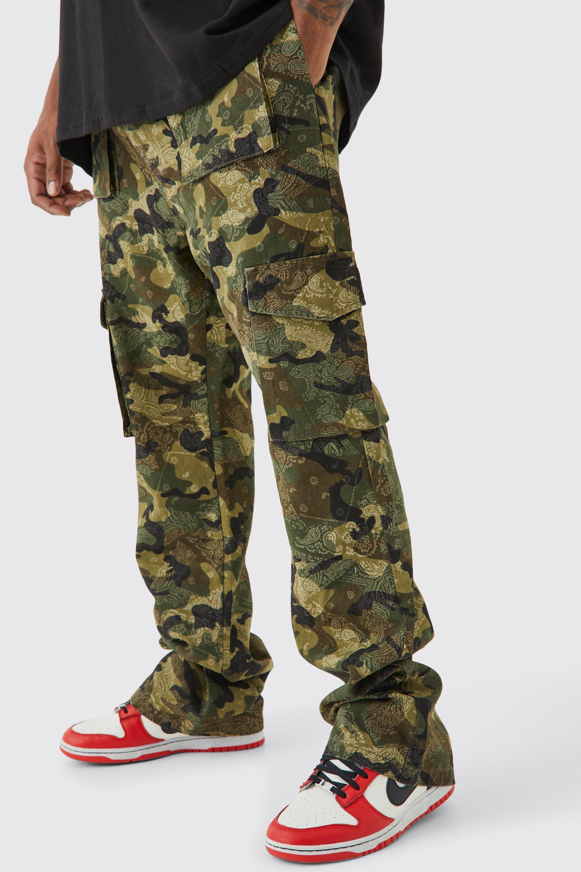 Plus Slim Stacked Flare Multi Cargo Camo Bandana Pants | boohooMAN USA Product Image