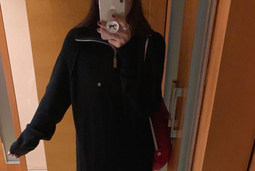 Long Sleeve Half-Zip Plain Knitted Midi Dress Product Image