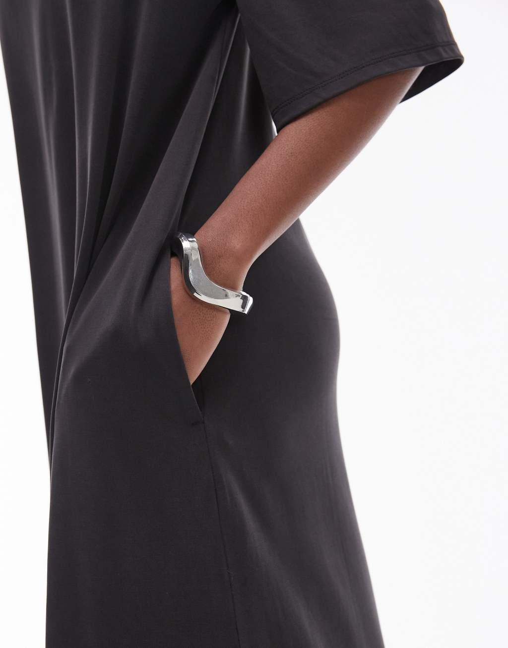 Topshop cupro oversized T-shirt midi dress in charcoal Product Image