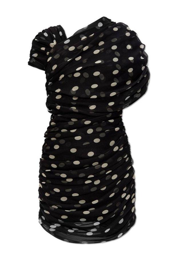 Women's Ruched Asymmetrical Dress In Dotted Silk Muslin In Noir Craie Product Image