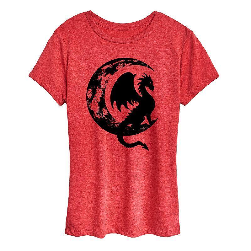 Womens Dragon Sitting On Crescent Moon Graphic Tee Grey Gray Product Image