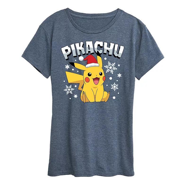 Missy Pokemon Pikachu With Santa Hat Graphic Tee, Womens Grey Blue Product Image