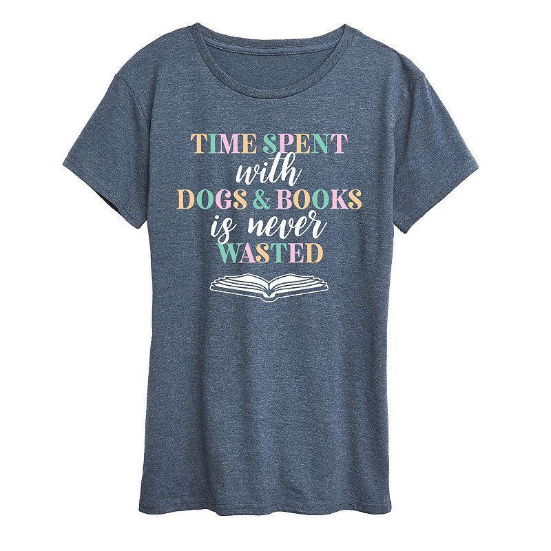 Womens Time Spent With Dogs Books Graphic Tee, Girls Grey Blue Product Image