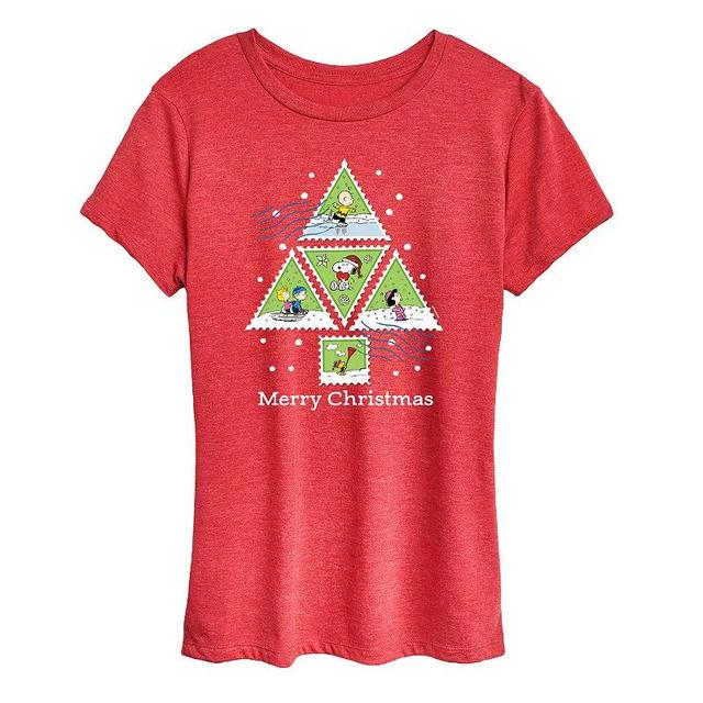 Womens Peanuts Christmas Tree Stamps Graphic Tee Grey Red Product Image