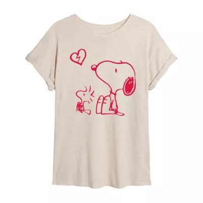 Juniors Womens Crew Neck Short Sleeve Peanuts Snoopy Graphic T-Shirt Product Image