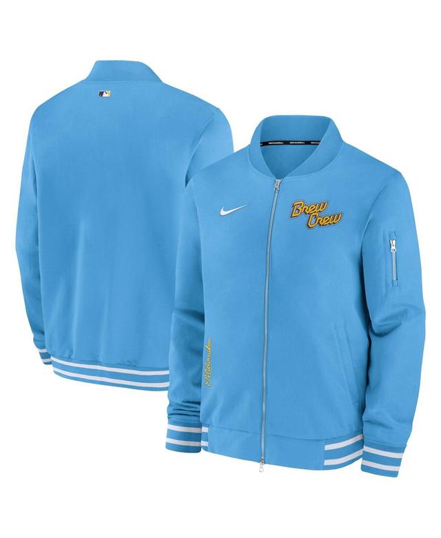 Nike Mens Blue Milwaukee Brewers City Connect Authentic Collection Game Time Bomber Full-Zip Jacket Product Image