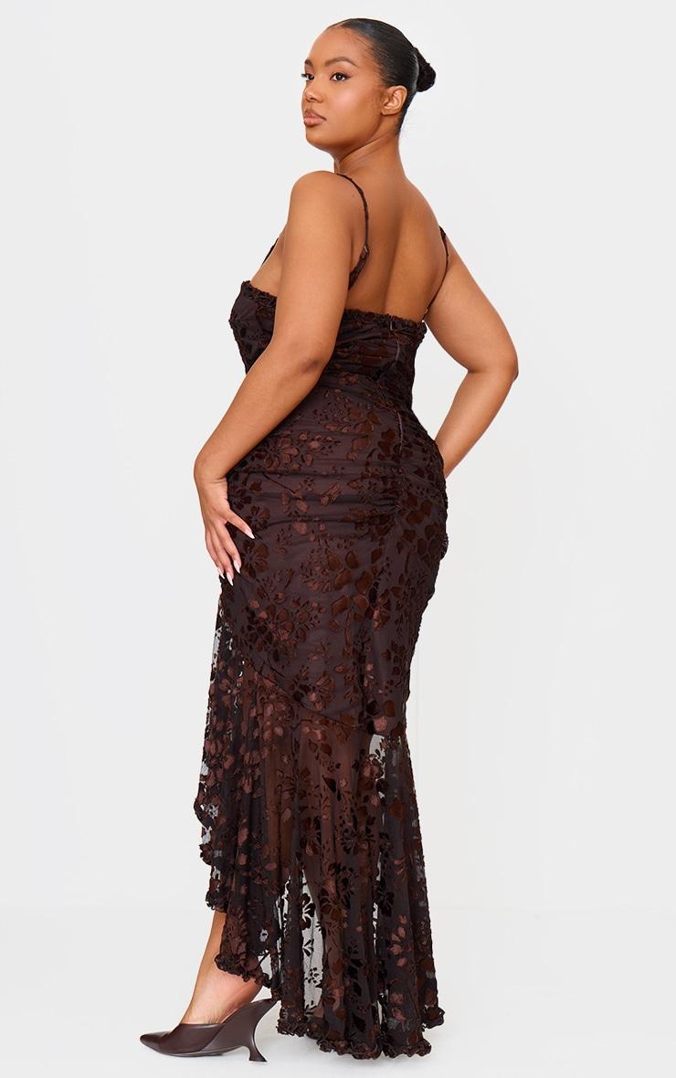 Plus Brown Devore Cut Out Frill Detail Dress Product Image