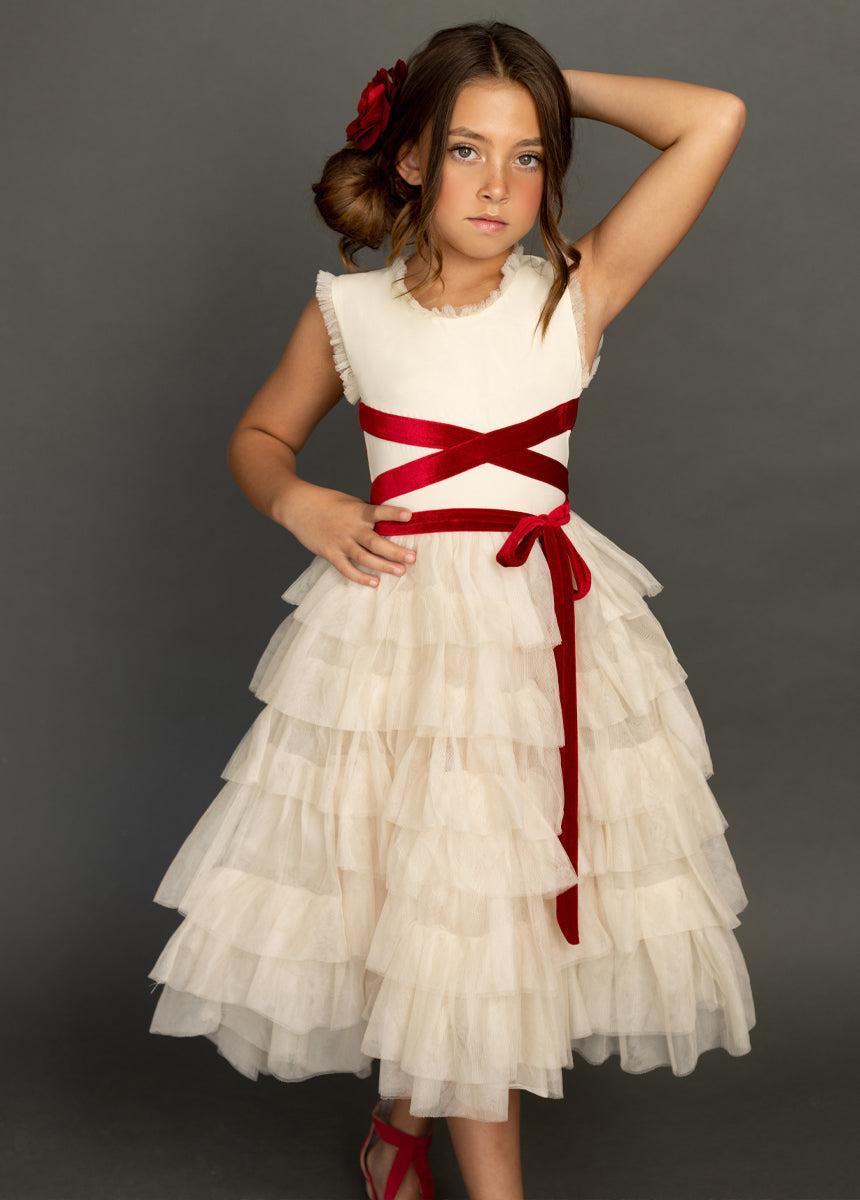 Geneva Petticoat Dress in Cream & Scarlet Product Image