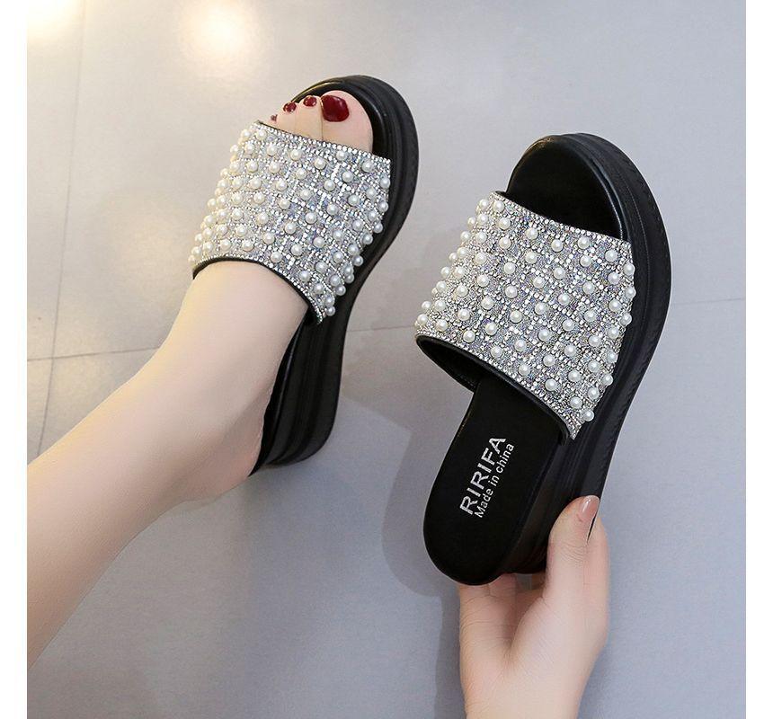 Faux Pearl Platform Wedge Slide Sandals Product Image