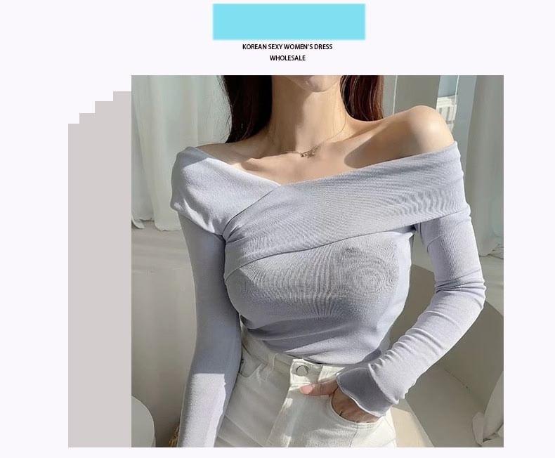 Long-Sleeve Off-Shoulder Plain Asymmetrical Tee Product Image