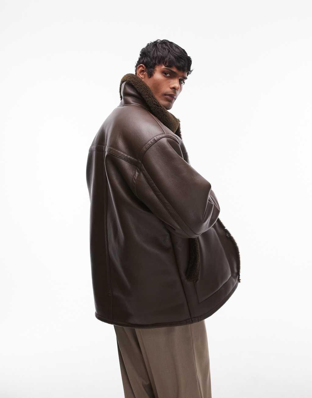 Topman faux shearling jacket with shearling collar in brown Product Image