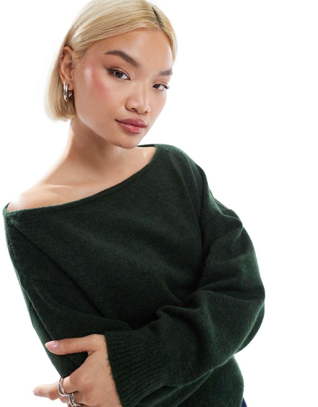 ASOS DESIGN fluffy one-shoulder sweater in forest green Product Image