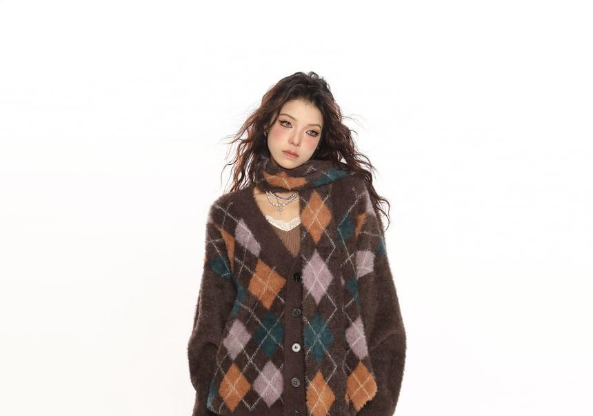 Set: V-Neck Argyle Button Cardigan + Scarf Product Image