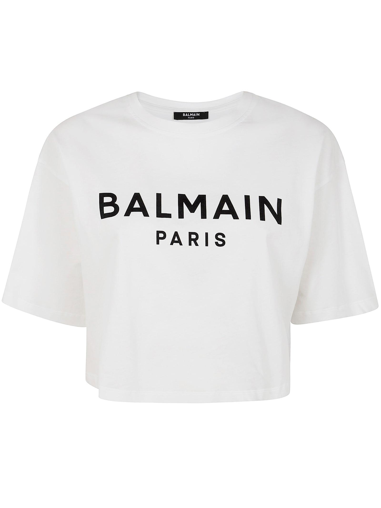 BALMAIN White Logo Cropped Cotton T-shirt Product Image