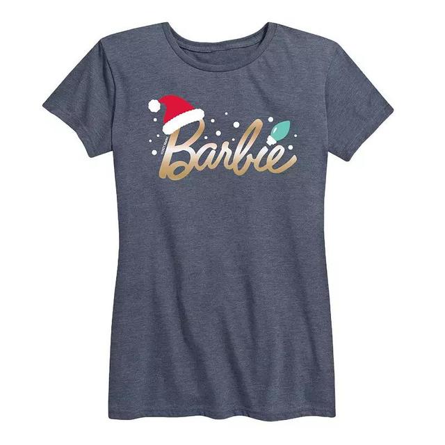 Womens Barbie Logo Santa Hat Graphic Tee, Girls Grey Blue Product Image