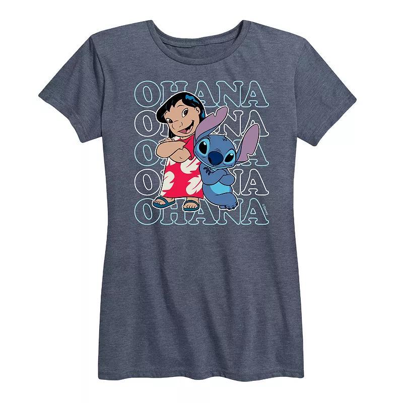 Disneys Lilo & Stitch Womens Ohana Repeated Graphic Tee Grey Blue Product Image