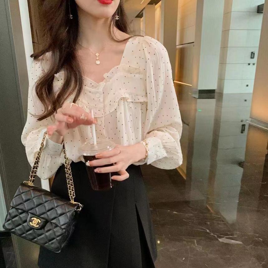 Puff-Sleeve Square-Neck Dotted Ruffled Button-Up Blouse Product Image