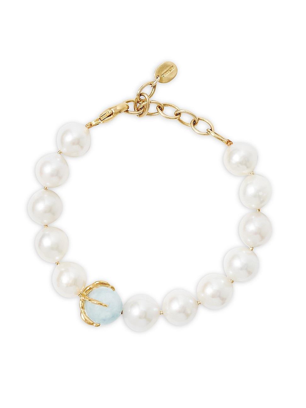 Womens 18K-Gold-Plated, Freshwater Pearl & Aquamarine Bracelet Product Image