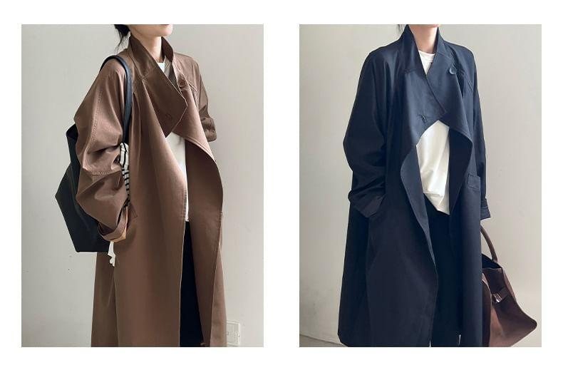 Stand Collar Plain Midi Single-Button Trench Coat Product Image