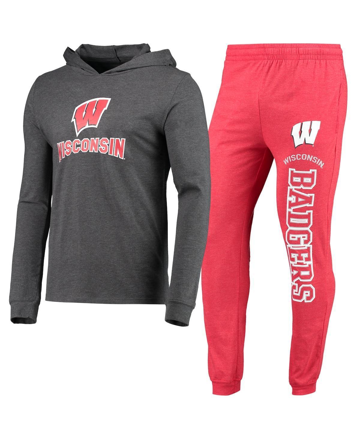 Mens Concepts Sport Heathered Red Wisconsin Badgers Meter Long Sleeve Hoodie T-shirt and Jogger Pants Set - Red, Heathered Charco Product Image