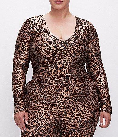 Good American Plus Size High Shine Compression Leopard Scoop Neck Long Sleeve Bodysuit Product Image