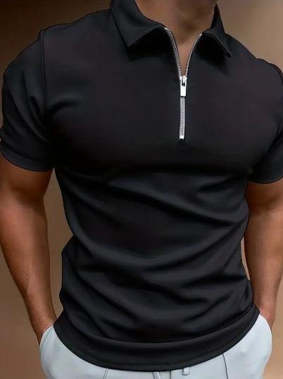 Short-Sleeve Collared Plain Half-Zip T-Shirt Product Image