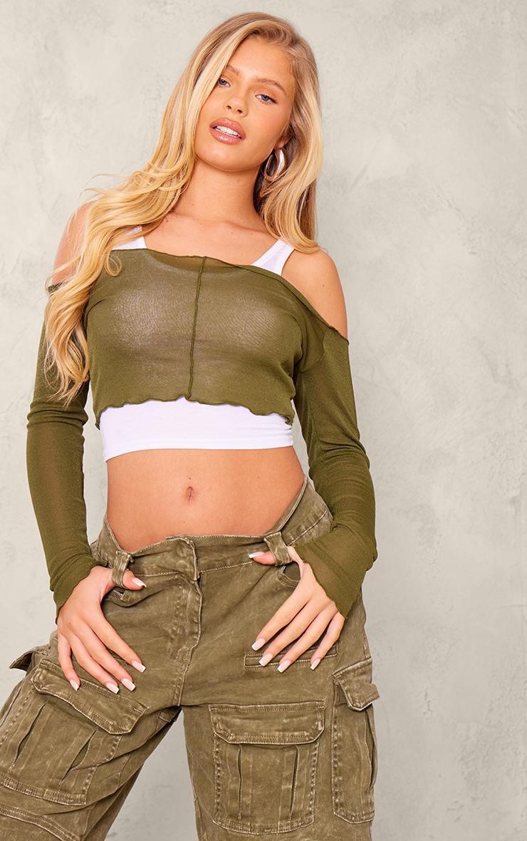 Khaki Burnout Mesh Rib Overlay Crop Top Product Image