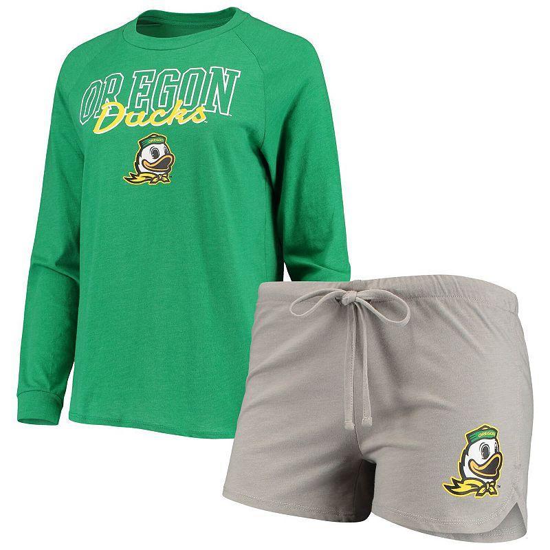 Womens Concepts Sport /Gray Oregon Ducks Raglan Long Sleeve T-Shirt & Shorts Sleep Set Product Image