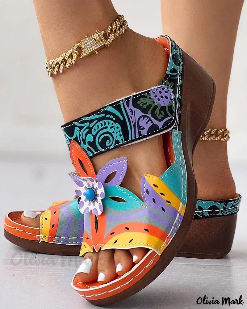 Olivia Mark – Stylish Colorblock Wedge Slippers with Tribal Floral Design Product Image