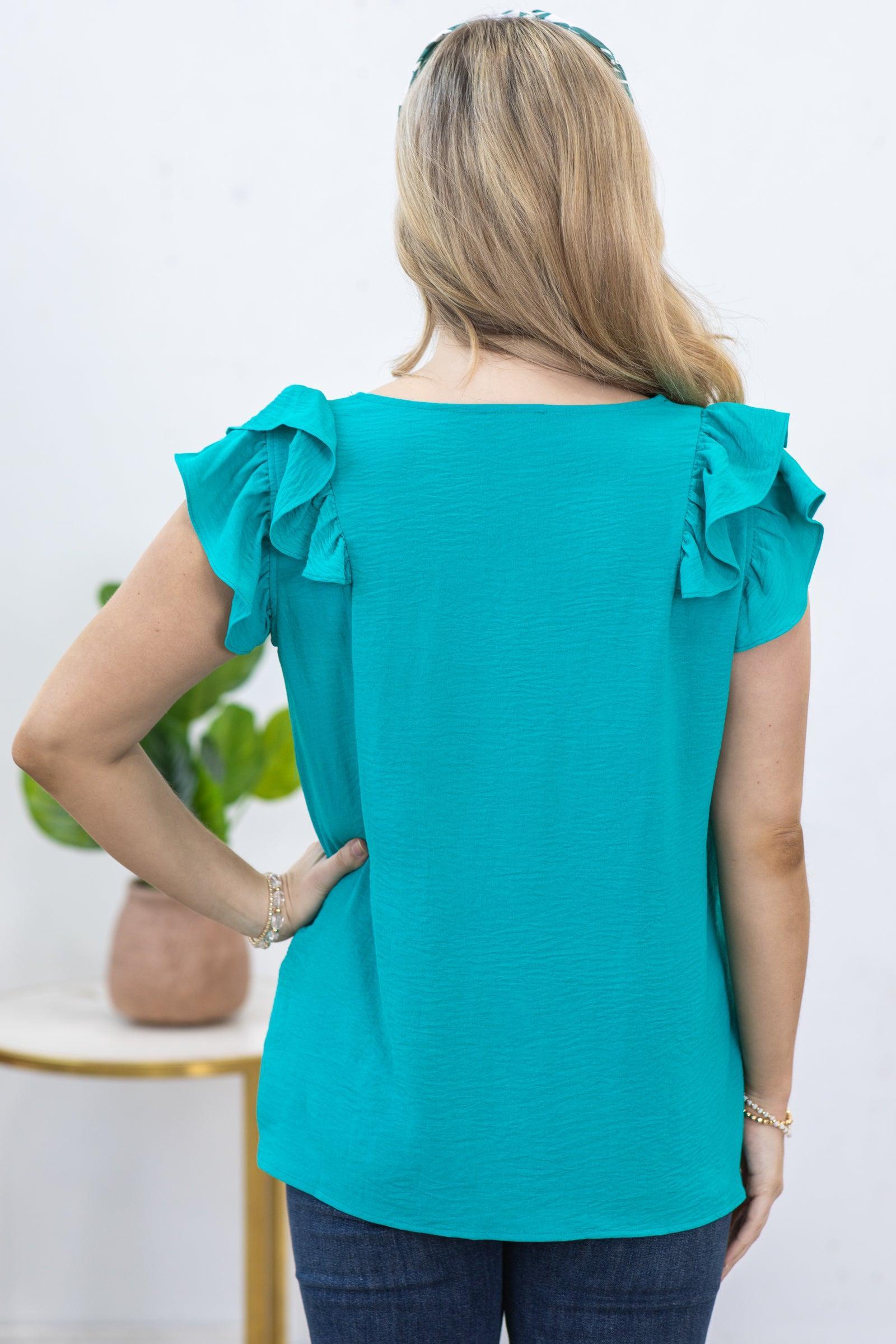 Turquoise V-Neck Airflow Ruffle Detail Top Product Image