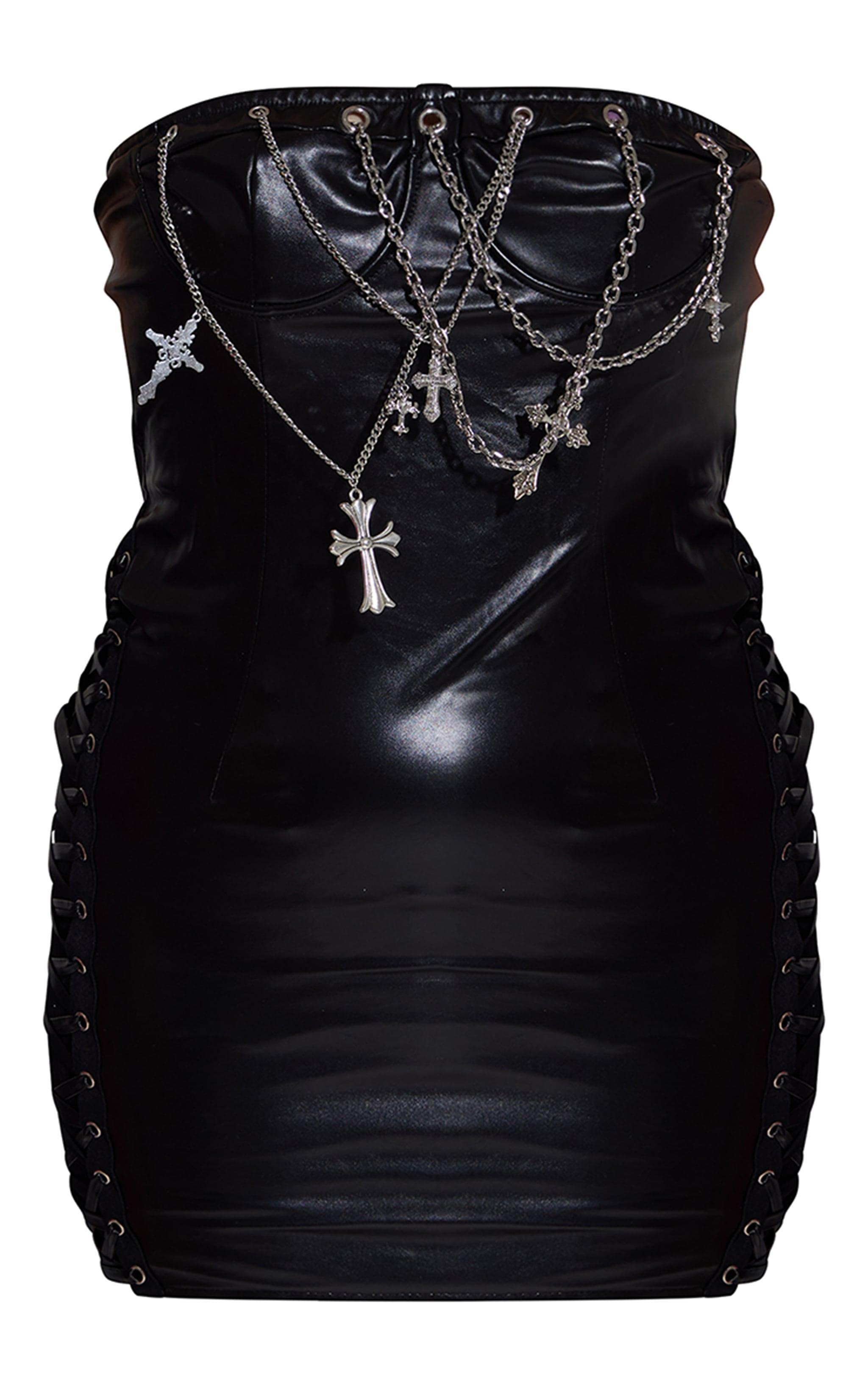 Black Faux Leather Bandeau Cross Chain Detail Bodycon Dress Product Image