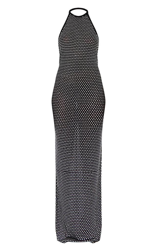 Black Embellished Mesh Backless High Neck Maxi Dress Product Image