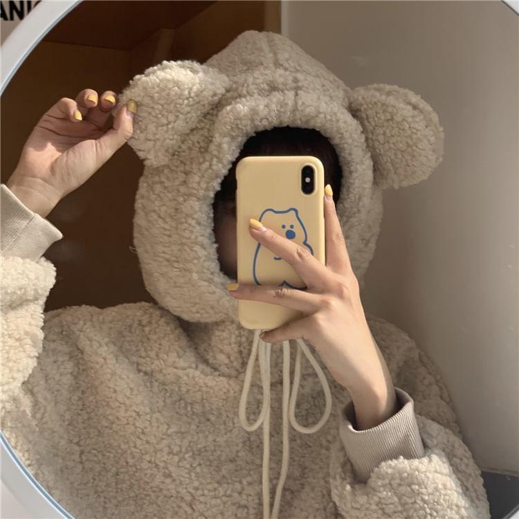 Plain Bear Ear Drawstring Fleece Hoodie Product Image