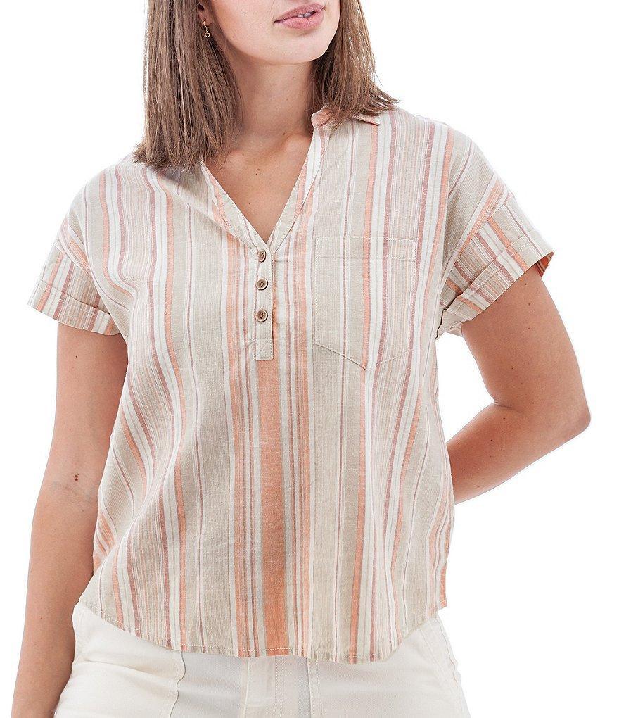 Aventura Breeze Striped Print Short Sleeve Sustainable Hemp Collared Top Product Image