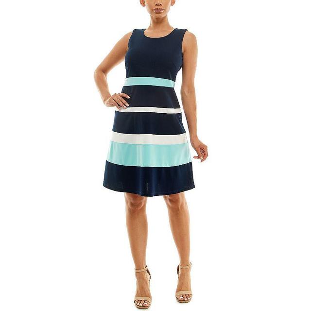 Womens Nina Leonard Sleeveless Jewelneck Colorblock Dress Navy Blue Ivory Product Image