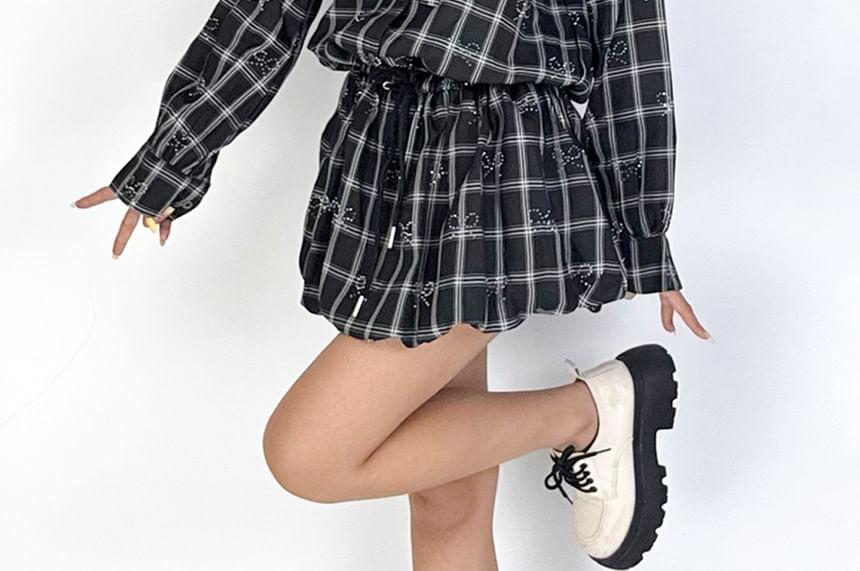 Long Sleeve V-Neck Plaid Bow Drawstring Mini A-Line Dress Product Image