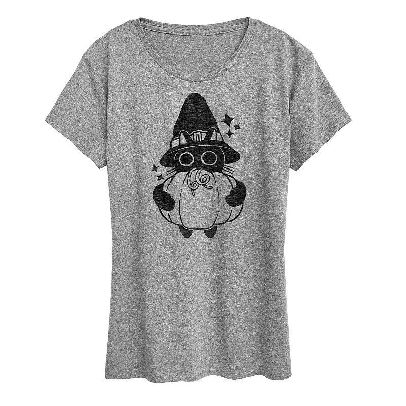 Womens Witch Cat With Pumpkin Graphic Tee Grey Gray Product Image