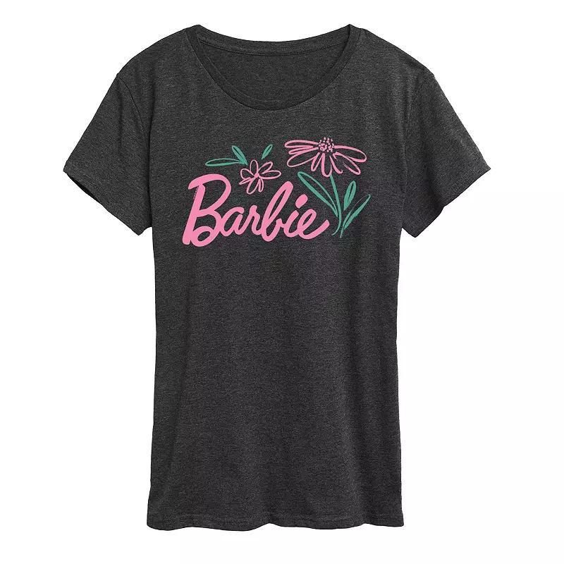 Womens Barbie Logo Brushed Flowers Graphic Tee Heather Grey Product Image