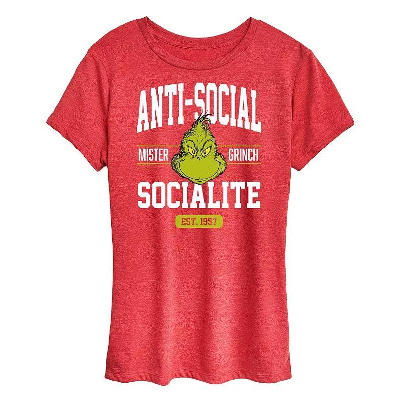 Womens Dr. Seuss The Grinch Anti Social Socialite Graphic Tee, Girls Grey Dark Red Product Image