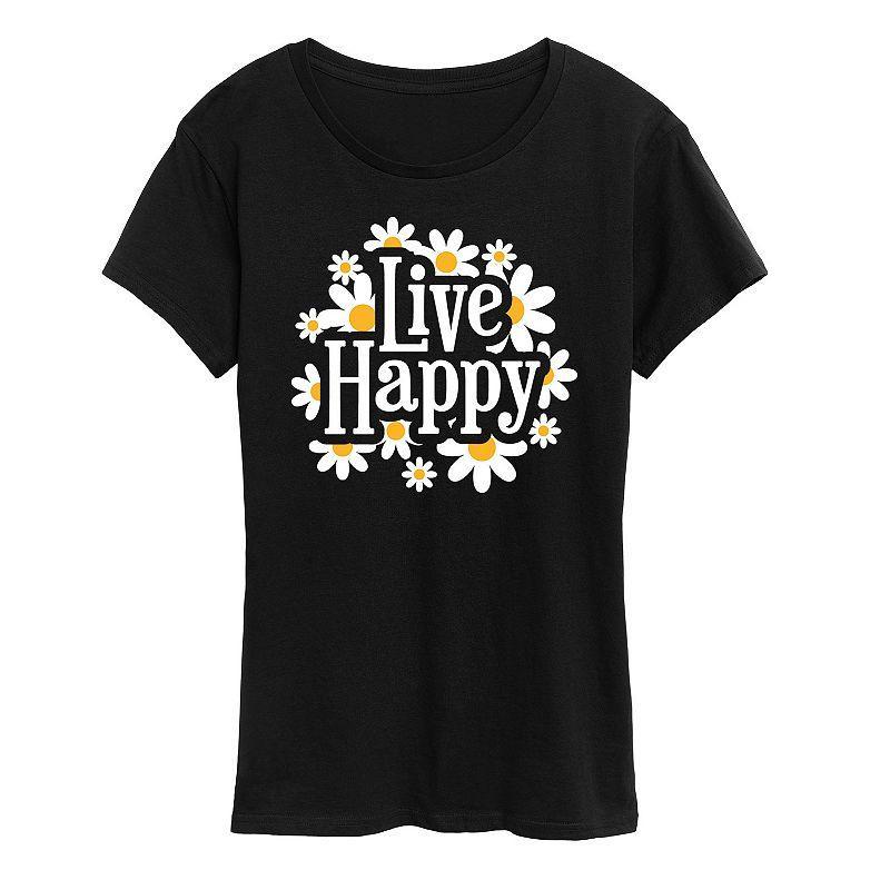 Womens Live Happy Daisies Graphic Tee Grey Royal Blue Product Image