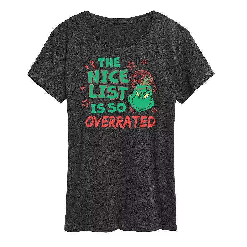 Womens Dr. Seuss The Grinch Nice List Overrated Graphic Tee, Girls Grey Heather Product Image