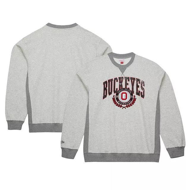 Mens Mitchell & Ness Heather Gray Ohio State Buckeyes Arched Fleece Crewneck Pullover Sweatshirt Product Image