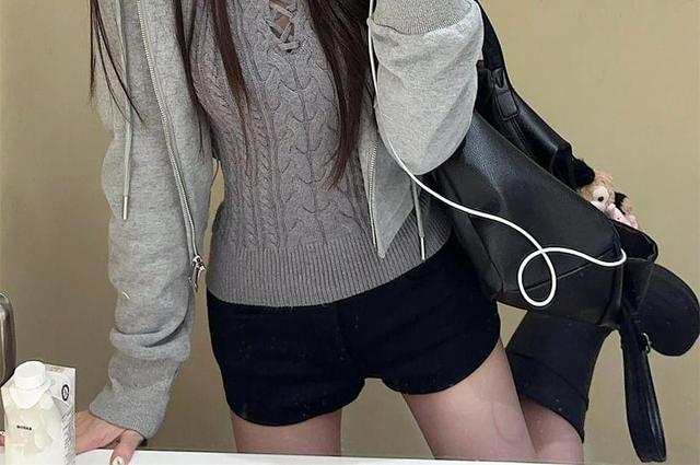 Crew Neck Plain Cutout Cable Knit Sweater Product Image