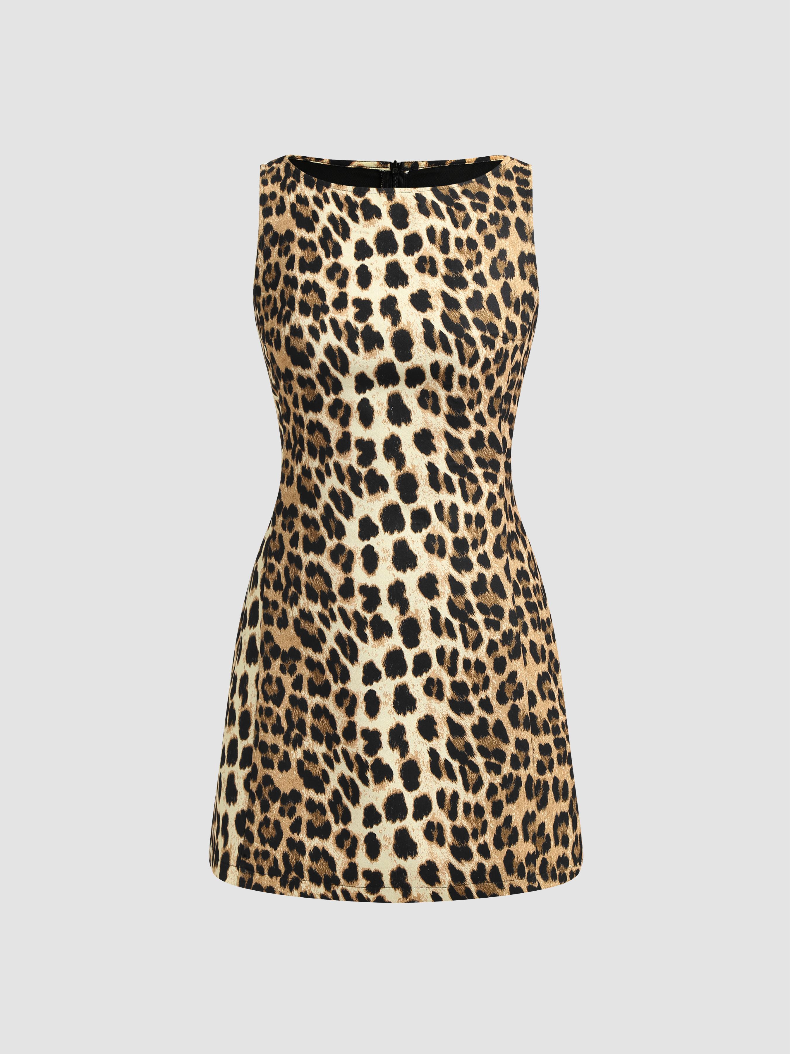 Boat Neck Leopard Print Zipper Mini Dress Product Image